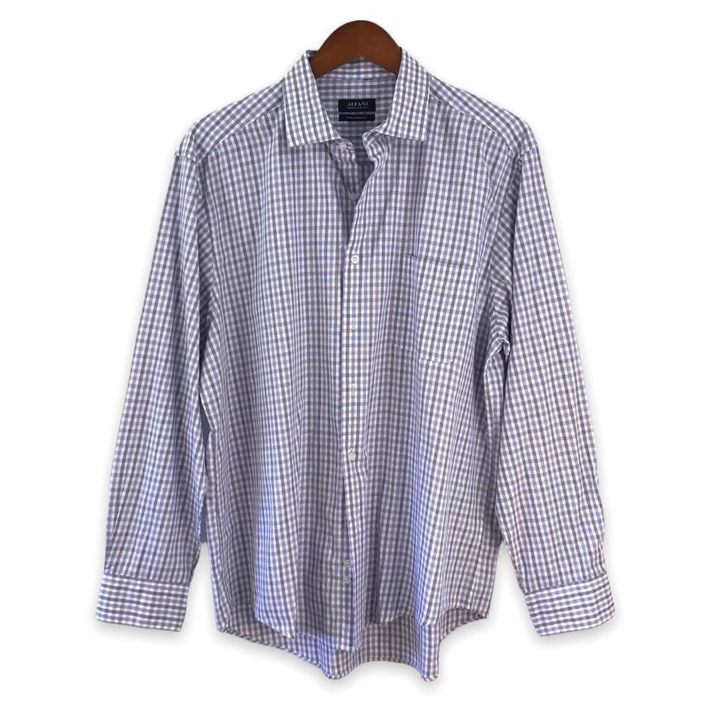 Alfani Regular Fit‎ Performance black and purple plaid button down shirt L